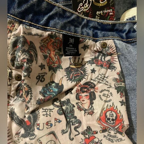 NWT Ed Hardy Women’s Multi Tattoo Baggy Jeans Size 34 Blue Color - Picture 12 of 13